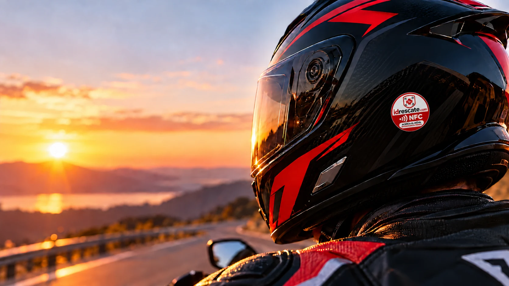 Motorista con etiqueta NFC de información sanitaria ID Rescate en casco de moto